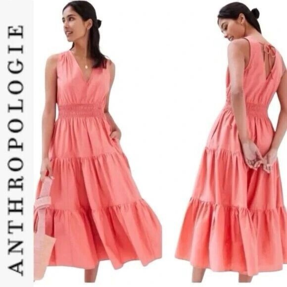 Anthropologie Maeve Tiered Midi Dress Coral Rose Smocked 4 Cottage Boho READ - Picture 2 of 16
